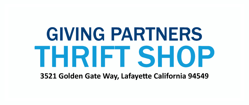 Giving Partners Thrift Shop logo with address 3521 Golden Gate Way, Lafayette, California 94549